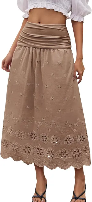 DRESSTELLS Boho Skirt for Women 2025 Lace Embroidery Eyelet High Waist A-Line Flowy Beach Midi Long Skirts