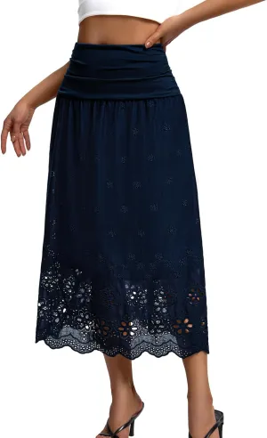 DRESSTELLS Boho Skirt for Women 2025 Lace Embroidery Eyelet High Waist A-Line Flowy Beach Midi Long Skirts