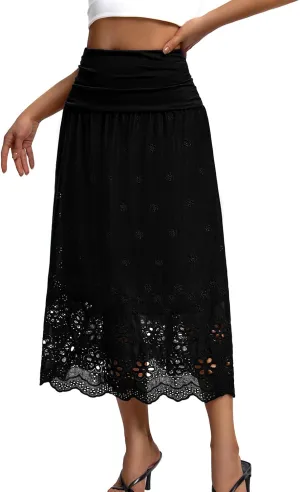 DRESSTELLS Boho Skirt for Women 2025 Lace Embroidery Eyelet High Waist A-Line Flowy Beach Midi Long Skirts