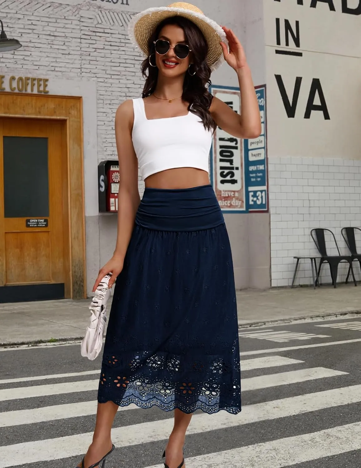 DRESSTELLS Boho Skirt for Women 2025 Lace Embroidery Eyelet High Waist A-Line Flowy Beach Midi Long Skirts