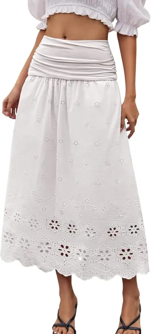 DRESSTELLS Boho Skirt for Women 2025 Lace Embroidery Eyelet High Waist A-Line Flowy Beach Midi Long Skirts