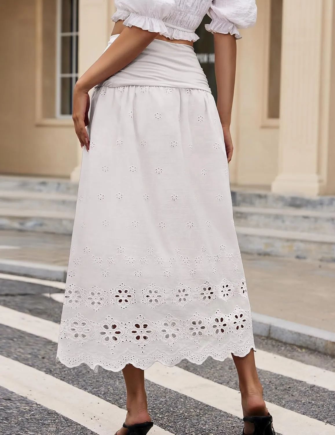 DRESSTELLS Boho Skirt for Women 2025 Lace Embroidery Eyelet High Waist A-Line Flowy Beach Midi Long Skirts