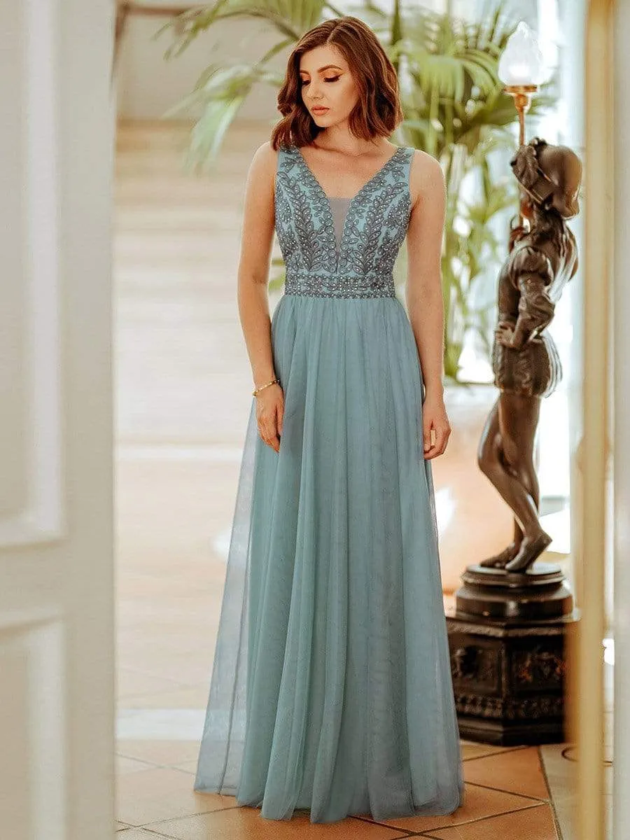 Elegant V Neck Floral Lace Print Tulle Bridesmaid Dress for Women