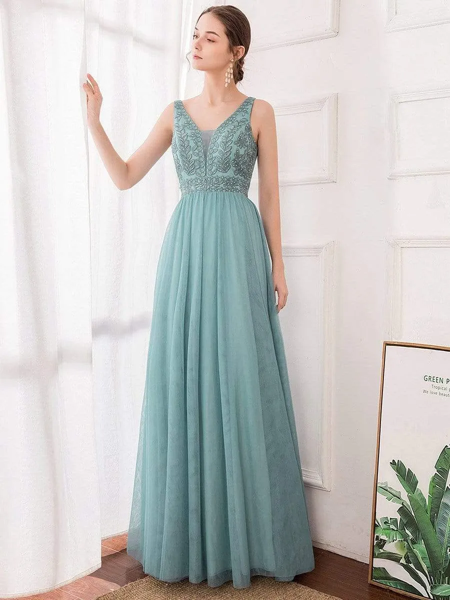 Elegant V Neck Floral Lace Print Tulle Bridesmaid Dress for Women