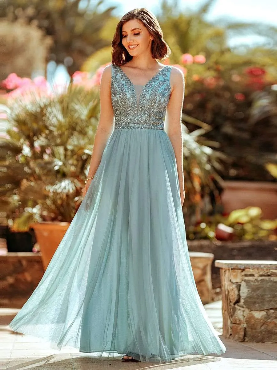 Elegant V Neck Floral Lace Print Tulle Bridesmaid Dress for Women