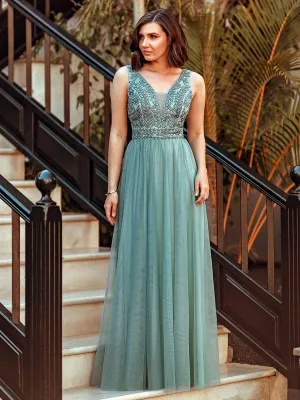 Elegant V Neck Floral Lace Print Tulle Bridesmaid Dress for Women