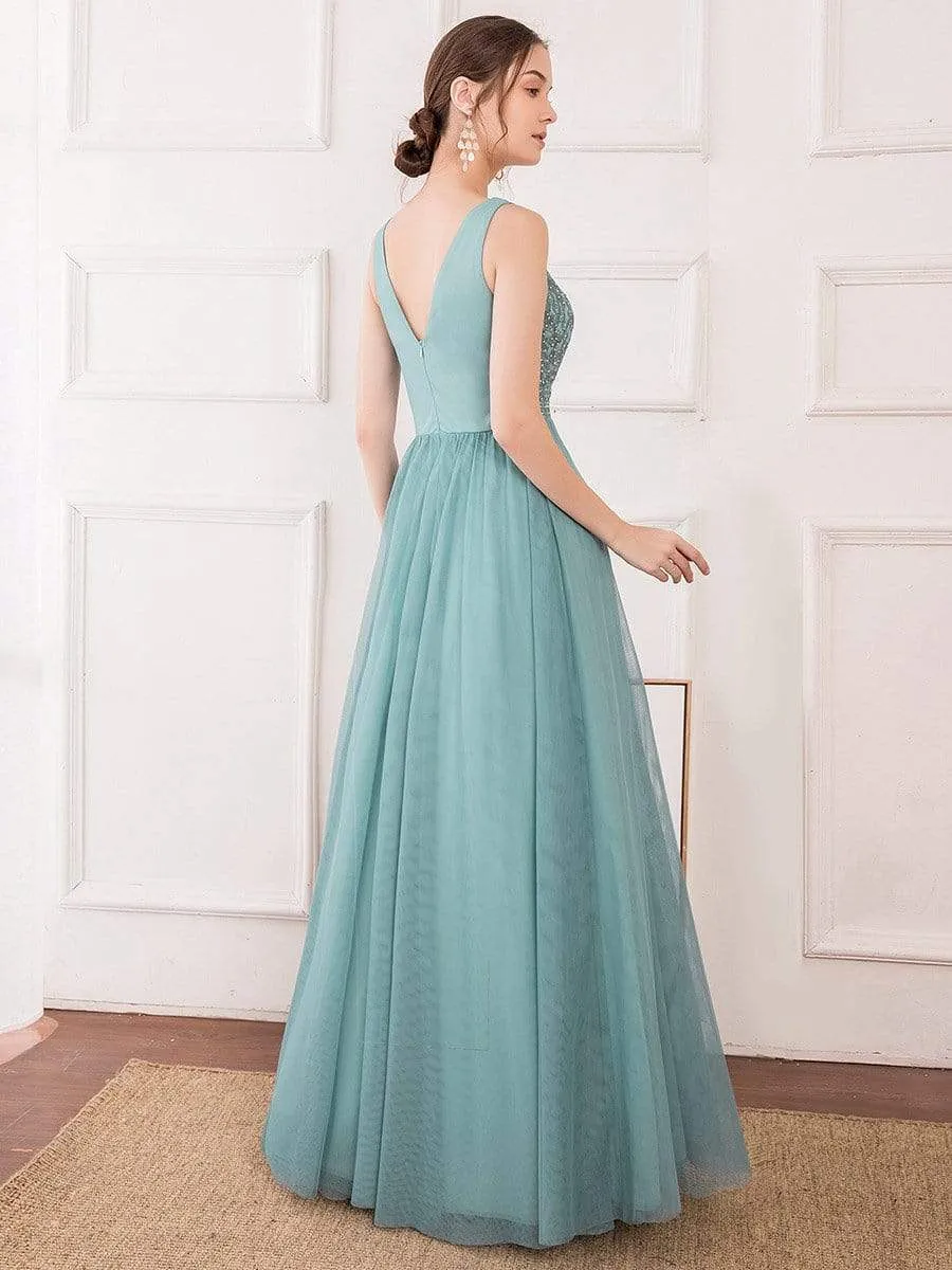 Elegant V Neck Floral Lace Print Tulle Bridesmaid Dress for Women