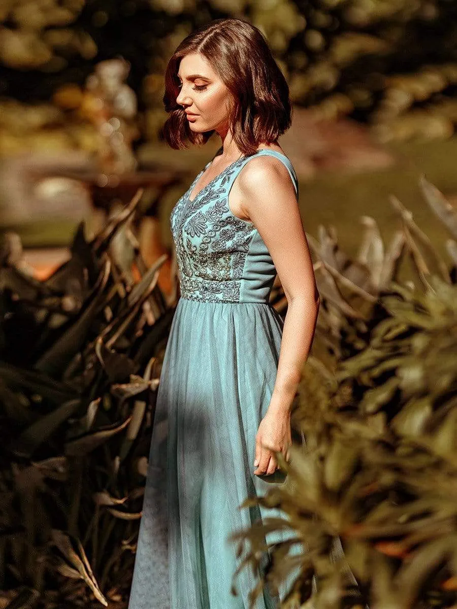 Elegant V Neck Floral Lace Print Tulle Bridesmaid Dress for Women