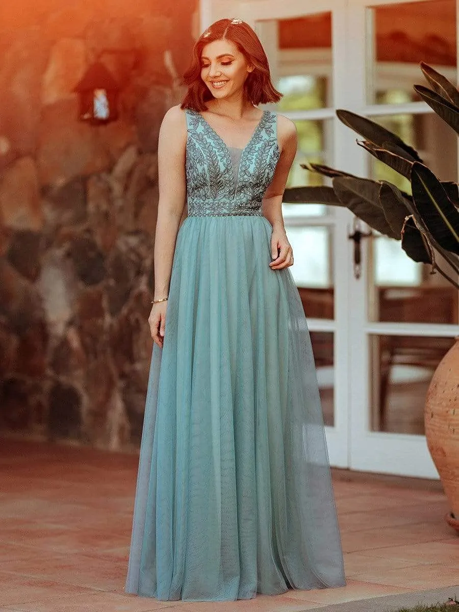 Elegant V Neck Floral Lace Print Tulle Bridesmaid Dress for Women