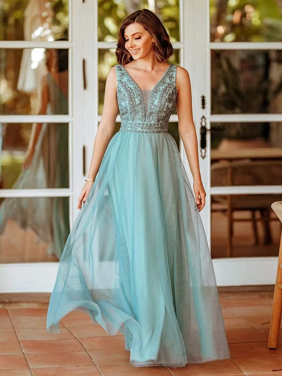 Elegant V Neck Floral Lace Print Tulle Bridesmaid Dress for Women