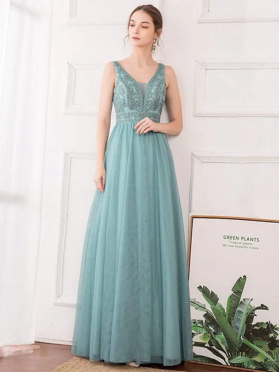 Elegant V Neck Floral Lace Print Tulle Bridesmaid Dress for Women