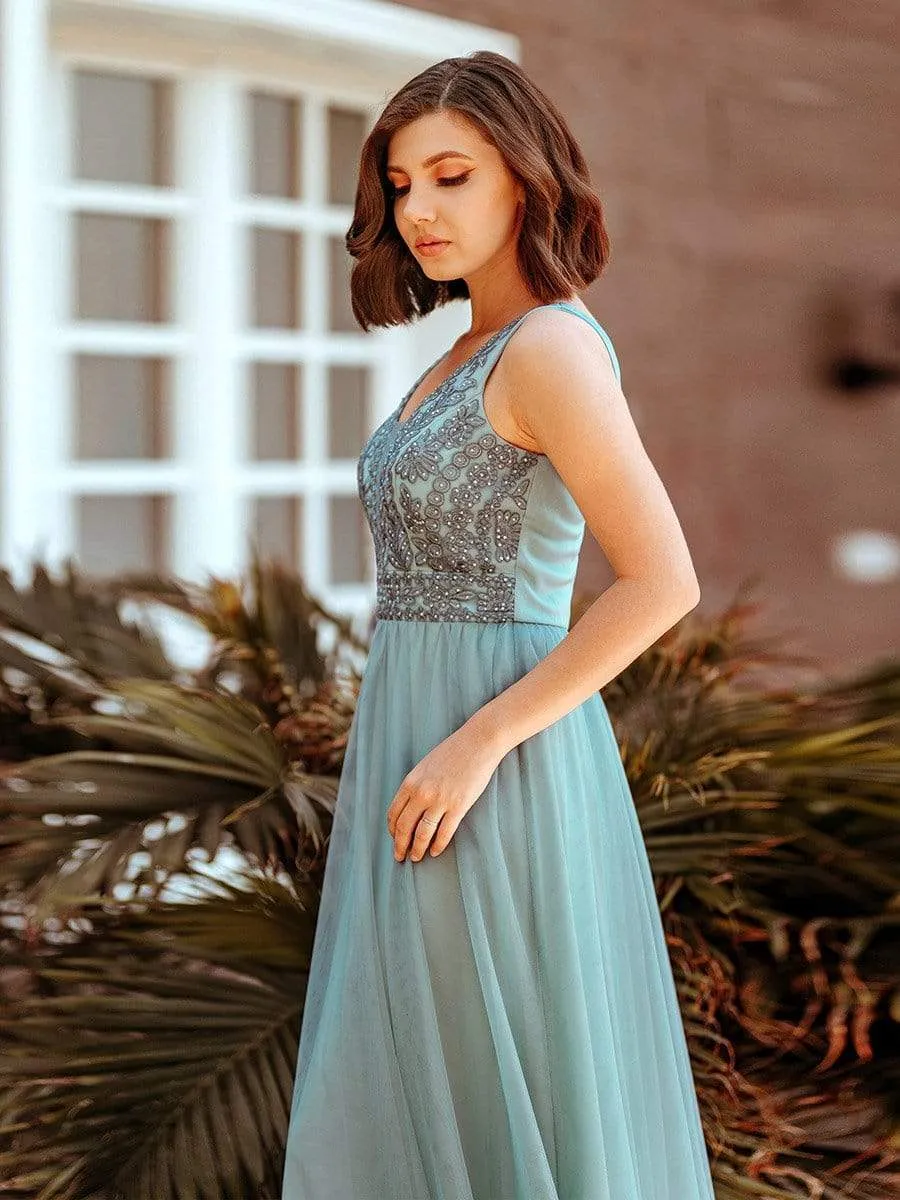 Elegant V Neck Floral Lace Print Tulle Bridesmaid Dress for Women