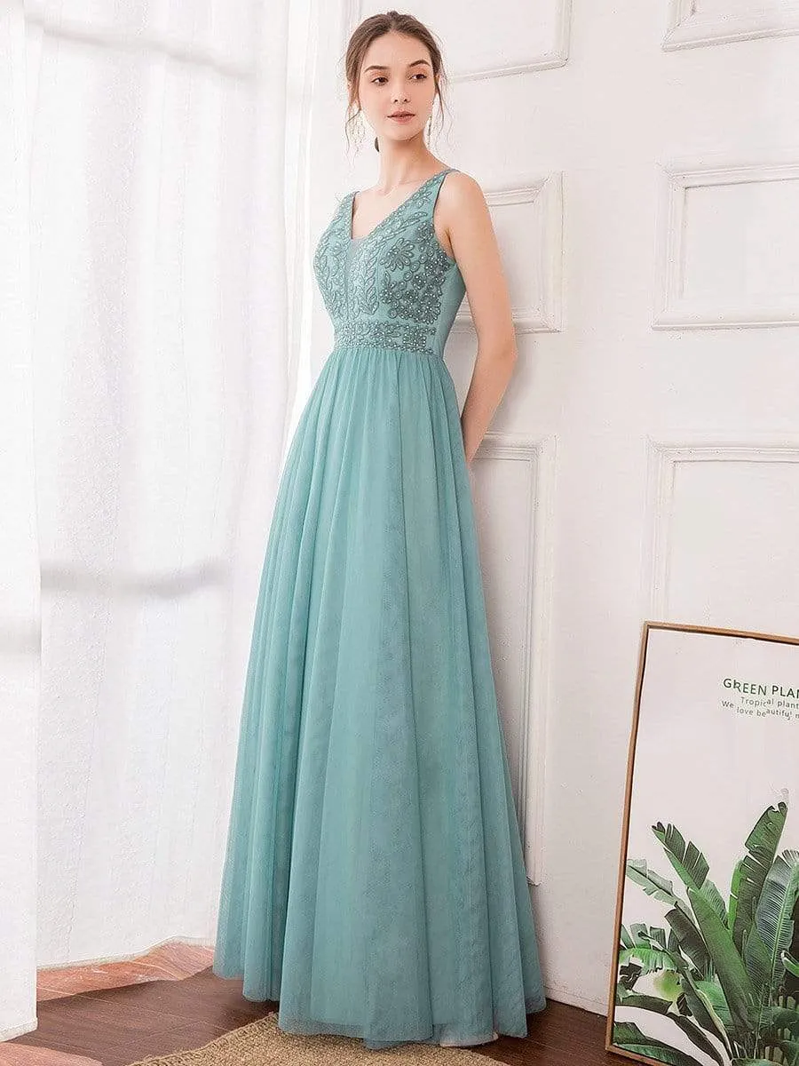 Elegant V Neck Floral Lace Print Tulle Bridesmaid Dress for Women