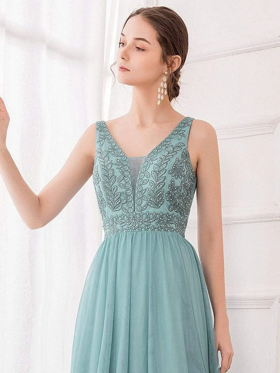 Elegant V Neck Floral Lace Print Tulle Bridesmaid Dress for Women