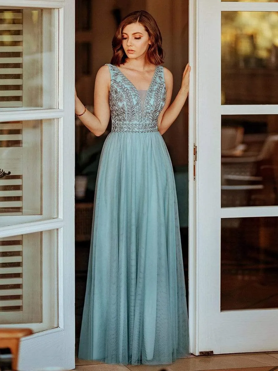 Elegant V Neck Floral Lace Print Tulle Bridesmaid Dress for Women