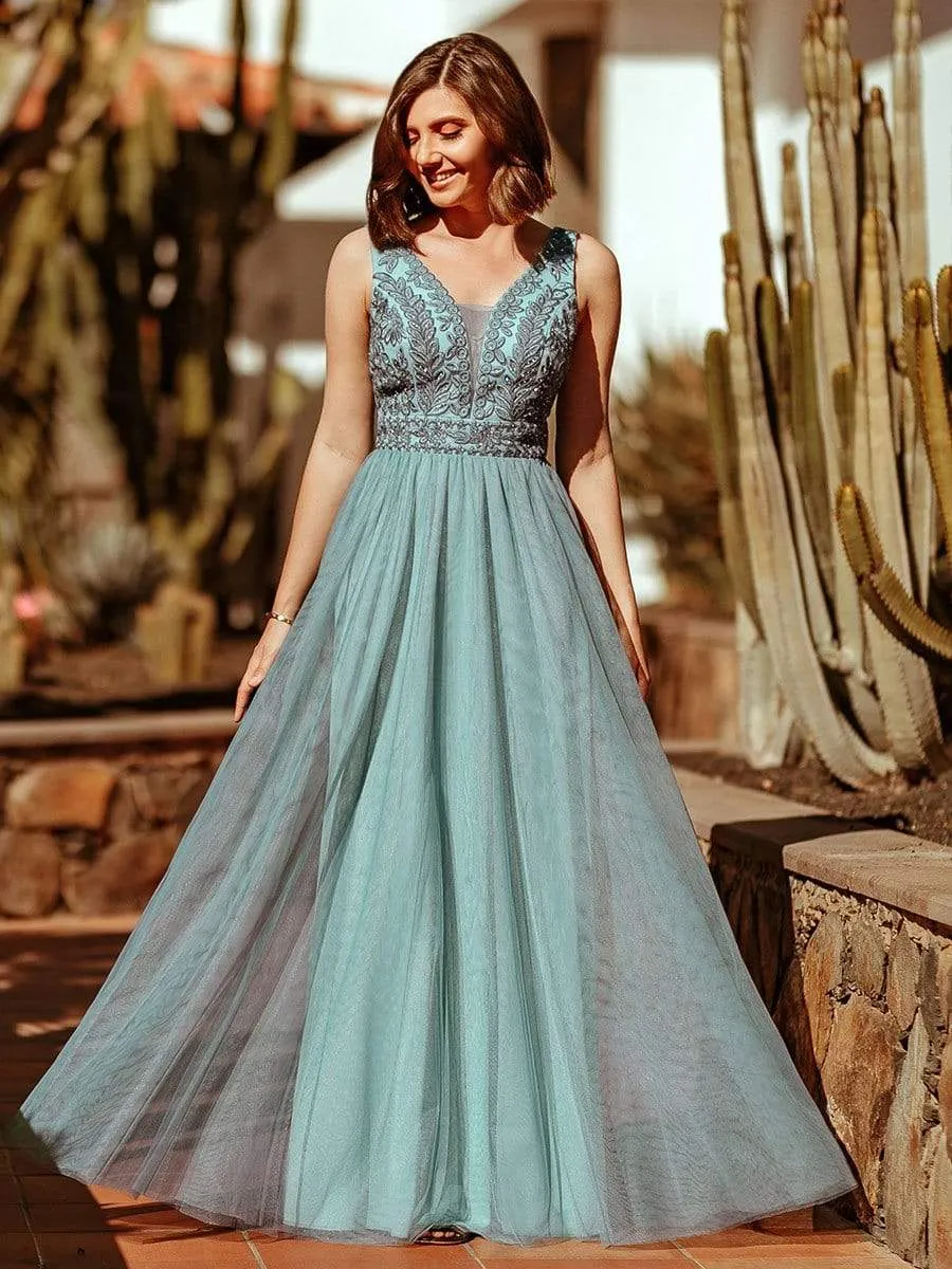 Elegant V Neck Floral Lace Print Tulle Bridesmaid Dress for Women
