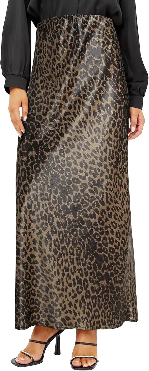 Ezcosplay Women Satin Leopard Print Maxi Skirt High Waist Slik Animal Cheetah Print A Line Long Skirts