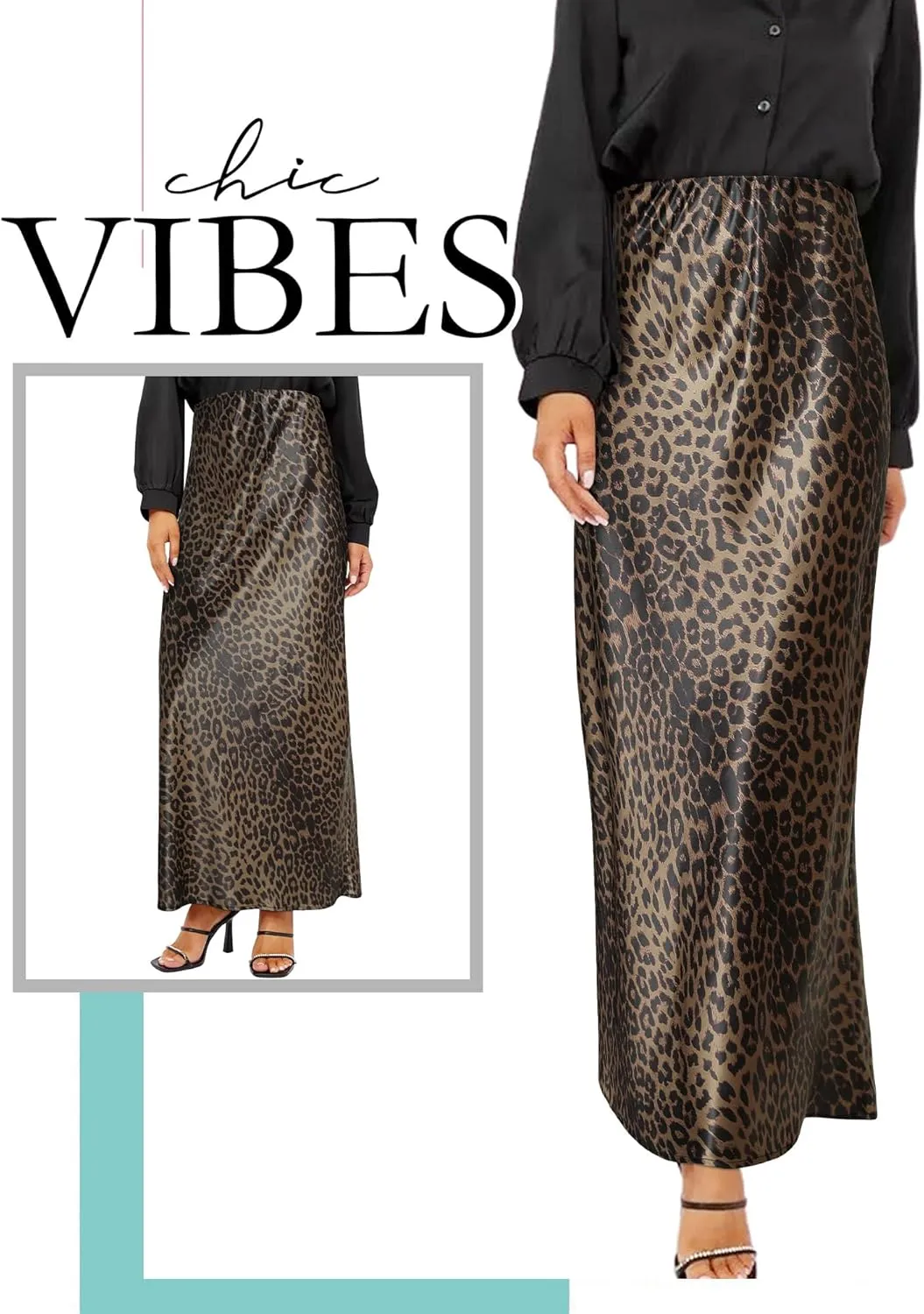 Ezcosplay Women Satin Leopard Print Maxi Skirt High Waist Slik Animal Cheetah Print A Line Long Skirts