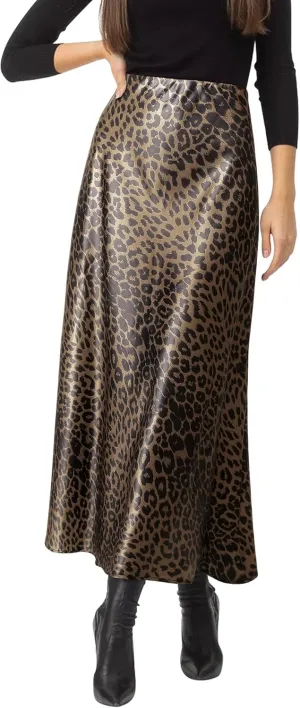 Ezcosplay Women Satin Leopard Print Maxi Skirt High Waist Slik Animal Cheetah Print A Line Long Skirts