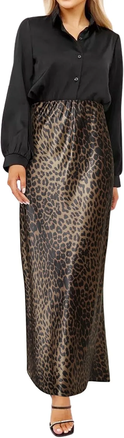 Ezcosplay Women Satin Leopard Print Maxi Skirt High Waist Slik Animal Cheetah Print A Line Long Skirts