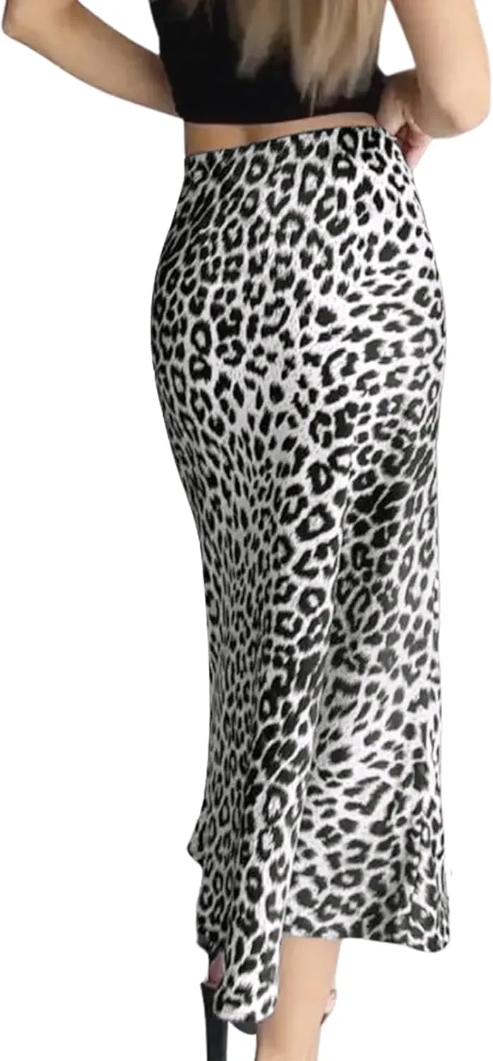 Ezcosplay Women Satin Leopard Print Maxi Skirt High Waist Slik Animal Cheetah Print A Line Long Skirts