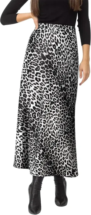 Ezcosplay Women Satin Leopard Print Maxi Skirt High Waist Slik Animal Cheetah Print A Line Long Skirts