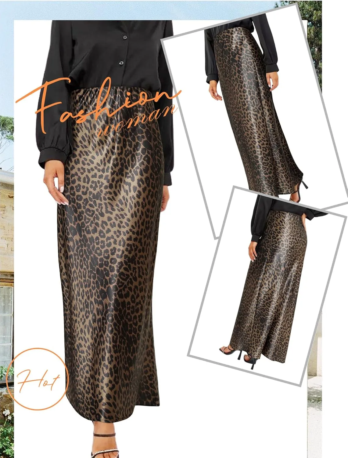 Ezcosplay Women Satin Leopard Print Maxi Skirt High Waist Slik Animal Cheetah Print A Line Long Skirts