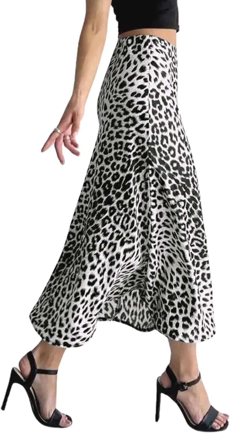 Ezcosplay Women Satin Leopard Print Maxi Skirt High Waist Slik Animal Cheetah Print A Line Long Skirts