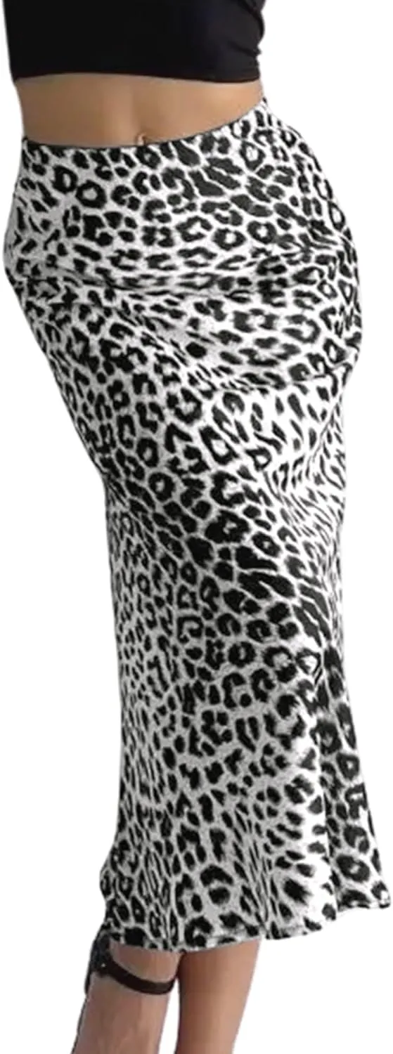 Ezcosplay Women Satin Leopard Print Maxi Skirt High Waist Slik Animal Cheetah Print A Line Long Skirts