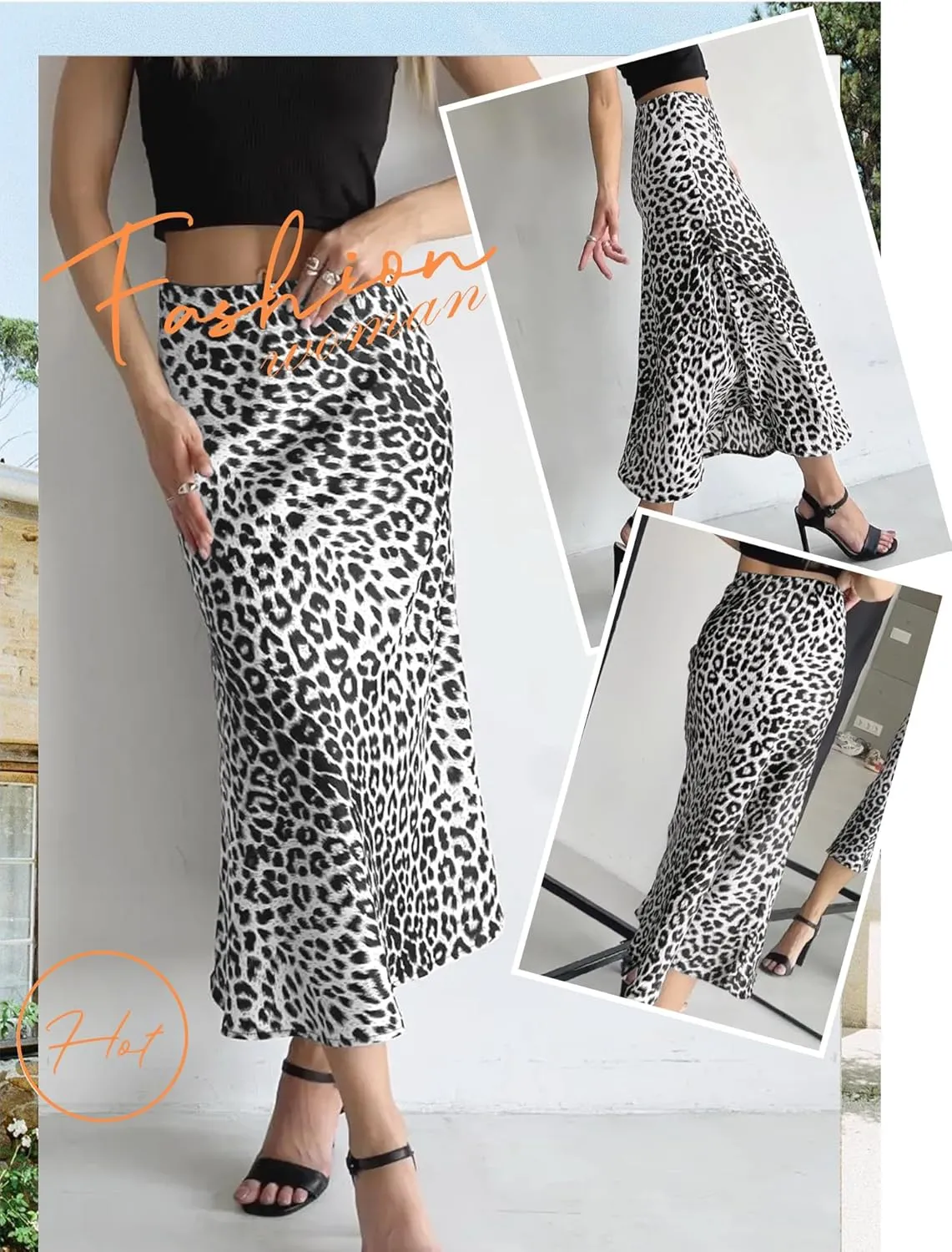 Ezcosplay Women Satin Leopard Print Maxi Skirt High Waist Slik Animal Cheetah Print A Line Long Skirts