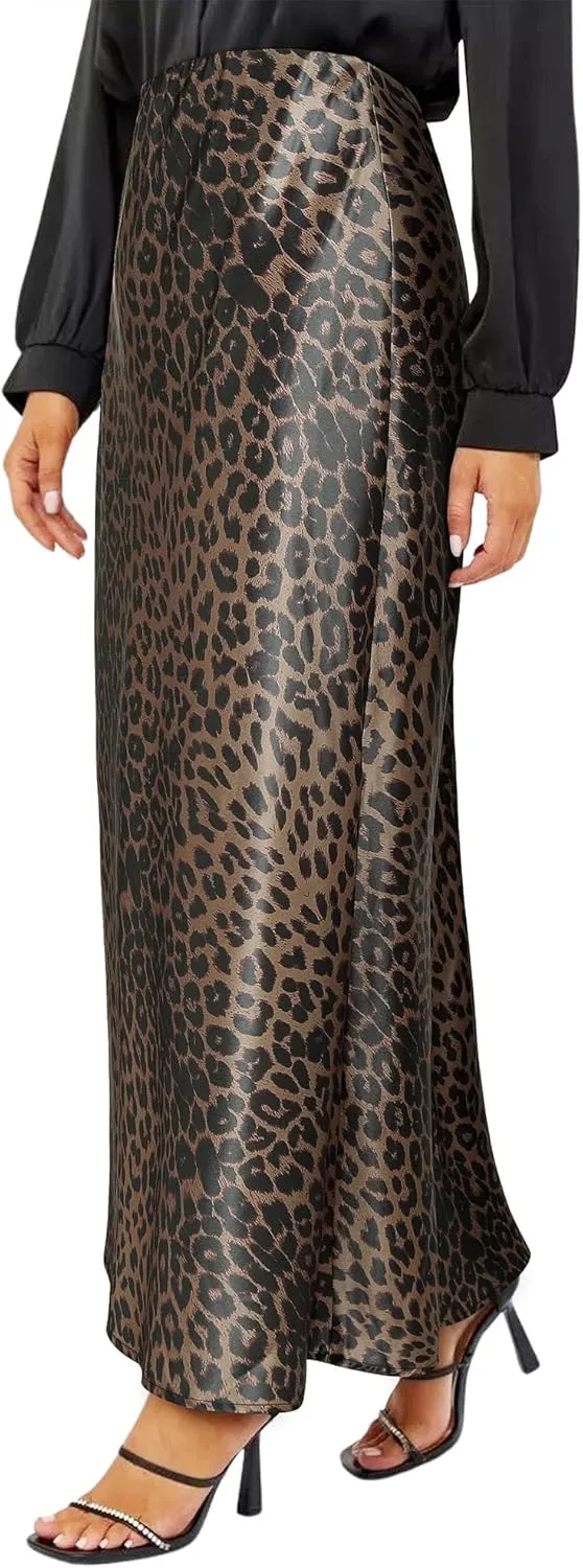 Ezcosplay Women Satin Leopard Print Maxi Skirt High Waist Slik Animal Cheetah Print A Line Long Skirts