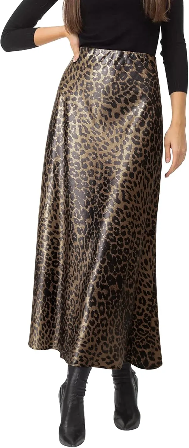 Ezcosplay Women Satin Leopard Print Maxi Skirt High Waist Slik Animal Cheetah Print A Line Long Skirts