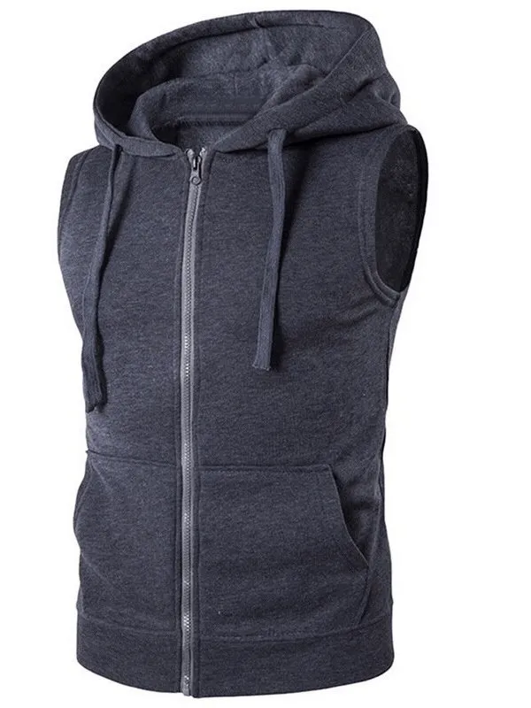 Fashionable Solid Color Men's Vests With Zipper and Hood - SF0549
