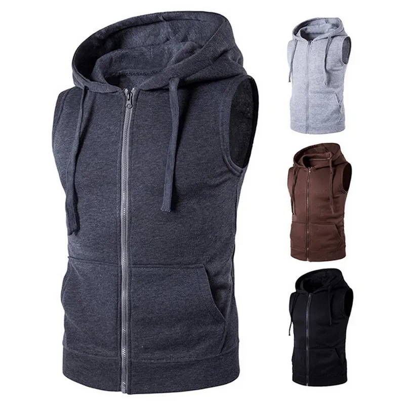 Fashionable Solid Color Men's Vests With Zipper and Hood - SF0549