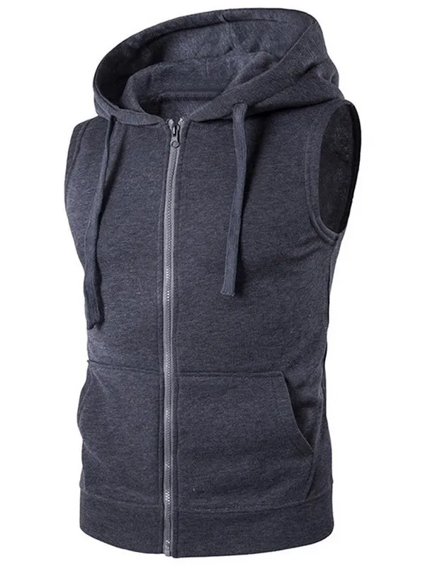 Fashionable Solid Color Men's Vests With Zipper and Hood - SF0549