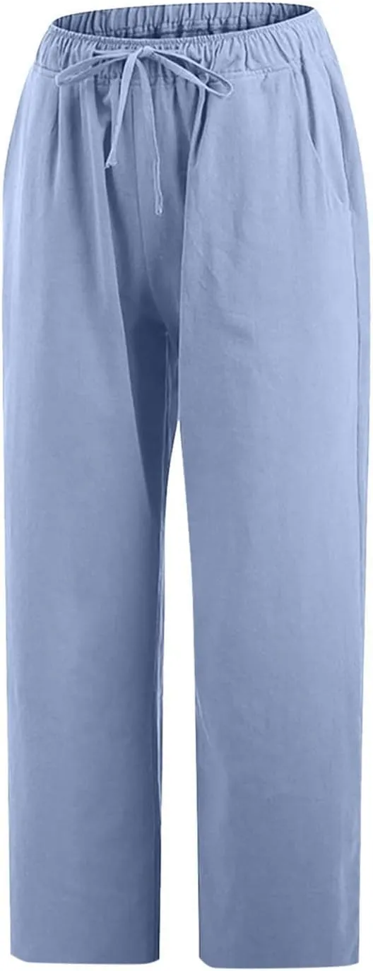 Firzero Linen Pants for Women 2024 Summer Beach Capris Sweatpants Elastic High Waist Yoga Pants Cropped Lounge Pants