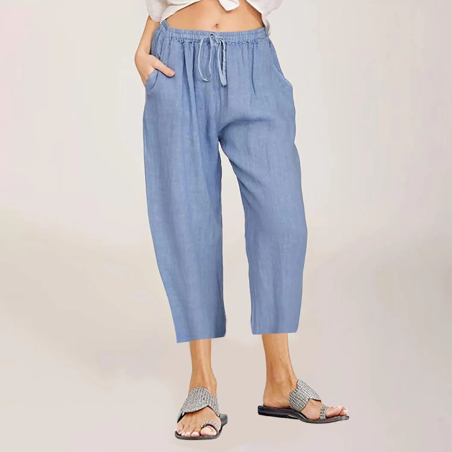 Firzero Linen Pants for Women 2024 Summer Beach Capris Sweatpants Elastic High Waist Yoga Pants Cropped Lounge Pants