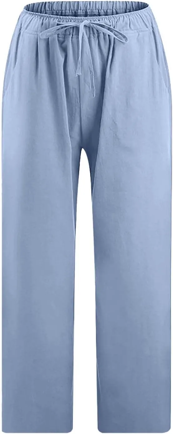 Firzero Linen Pants for Women 2024 Summer Beach Capris Sweatpants Elastic High Waist Yoga Pants Cropped Lounge Pants