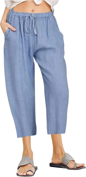 Firzero Linen Pants for Women 2024 Summer Beach Capris Sweatpants Elastic High Waist Yoga Pants Cropped Lounge Pants