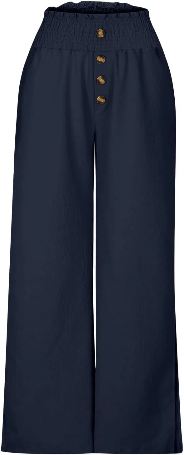 Firzero Wide Leg Pants for Women Casual Summer Elastic High Waist Palazzo Pants Flowy Botton Side Slit Trousers