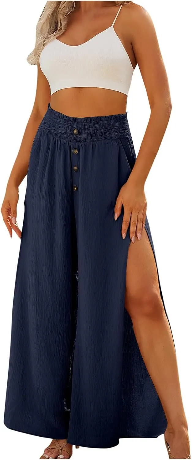 Firzero Wide Leg Pants for Women Casual Summer Elastic High Waist Palazzo Pants Flowy Botton Side Slit Trousers