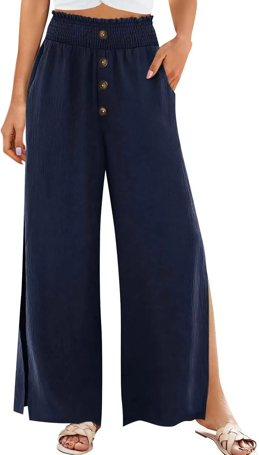 Firzero Wide Leg Pants for Women Casual Summer Elastic High Waist Palazzo Pants Flowy Botton Side Slit Trousers