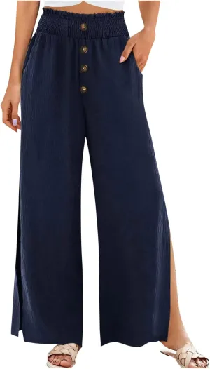 Firzero Wide Leg Pants for Women Casual Summer Elastic High Waist Palazzo Pants Flowy Botton Side Slit Trousers
