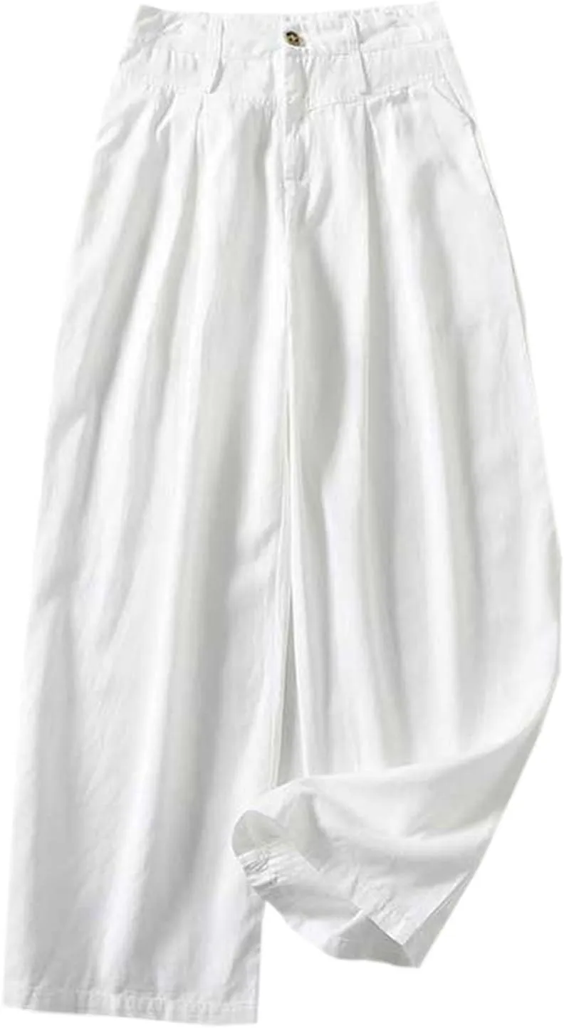 Firzero Women Summer Pants Cotton Linen Pants 2024 Casual Wide Leg Elastic Waist Trousers Loose Fit Straight Leg Pants