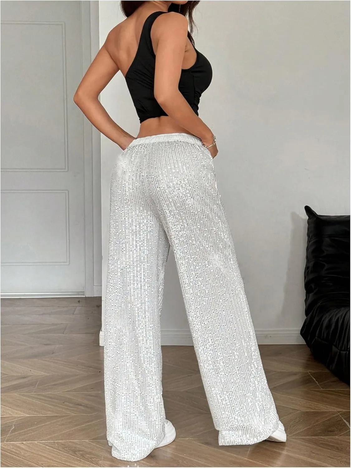Floerns Women's Shiny Sequin Wide Leg Pants Elastic Waist Sparkly Baggy Pants