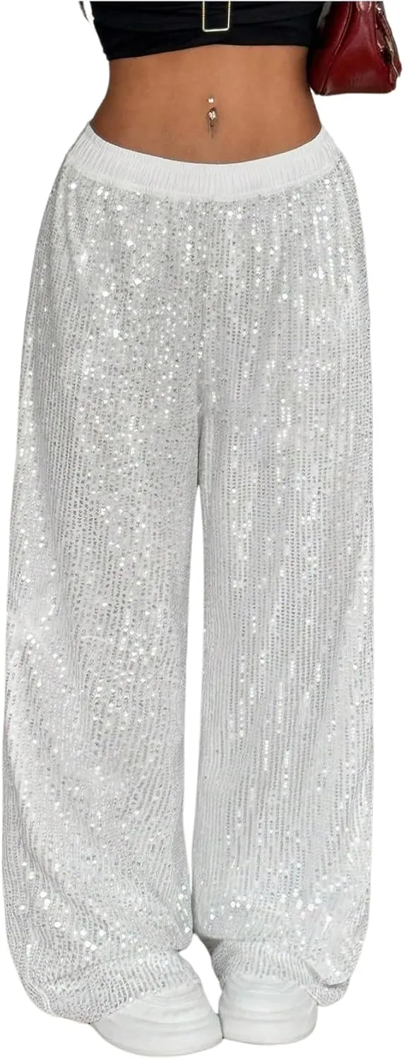 Floerns Women's Shiny Sequin Wide Leg Pants Elastic Waist Sparkly Baggy Pants