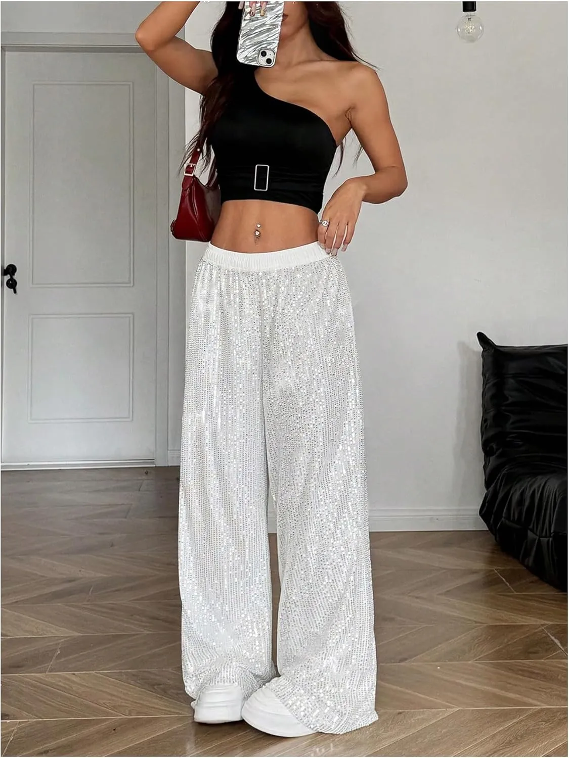 Floerns Women's Shiny Sequin Wide Leg Pants Elastic Waist Sparkly Baggy Pants