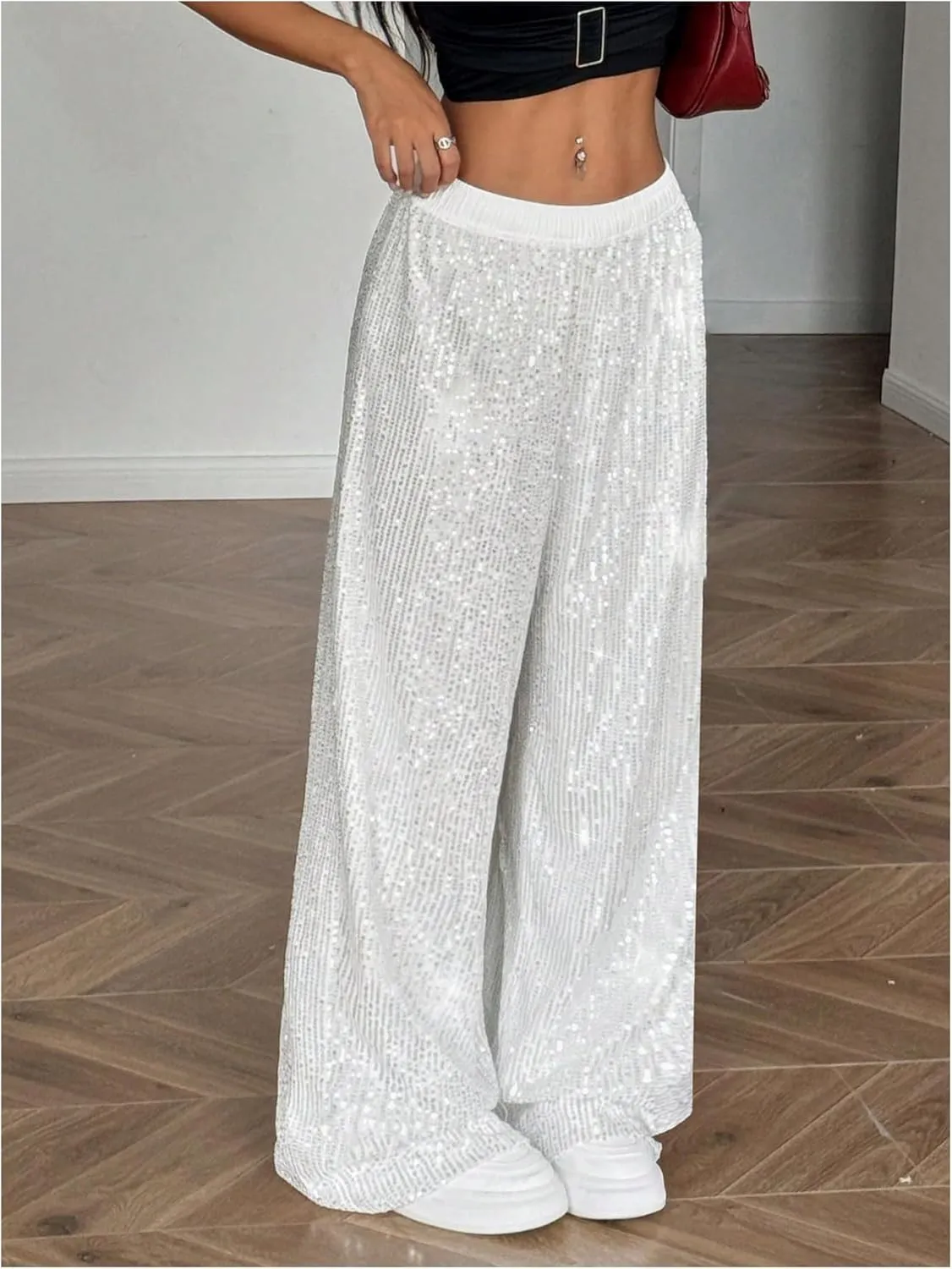 Floerns Women's Shiny Sequin Wide Leg Pants Elastic Waist Sparkly Baggy Pants