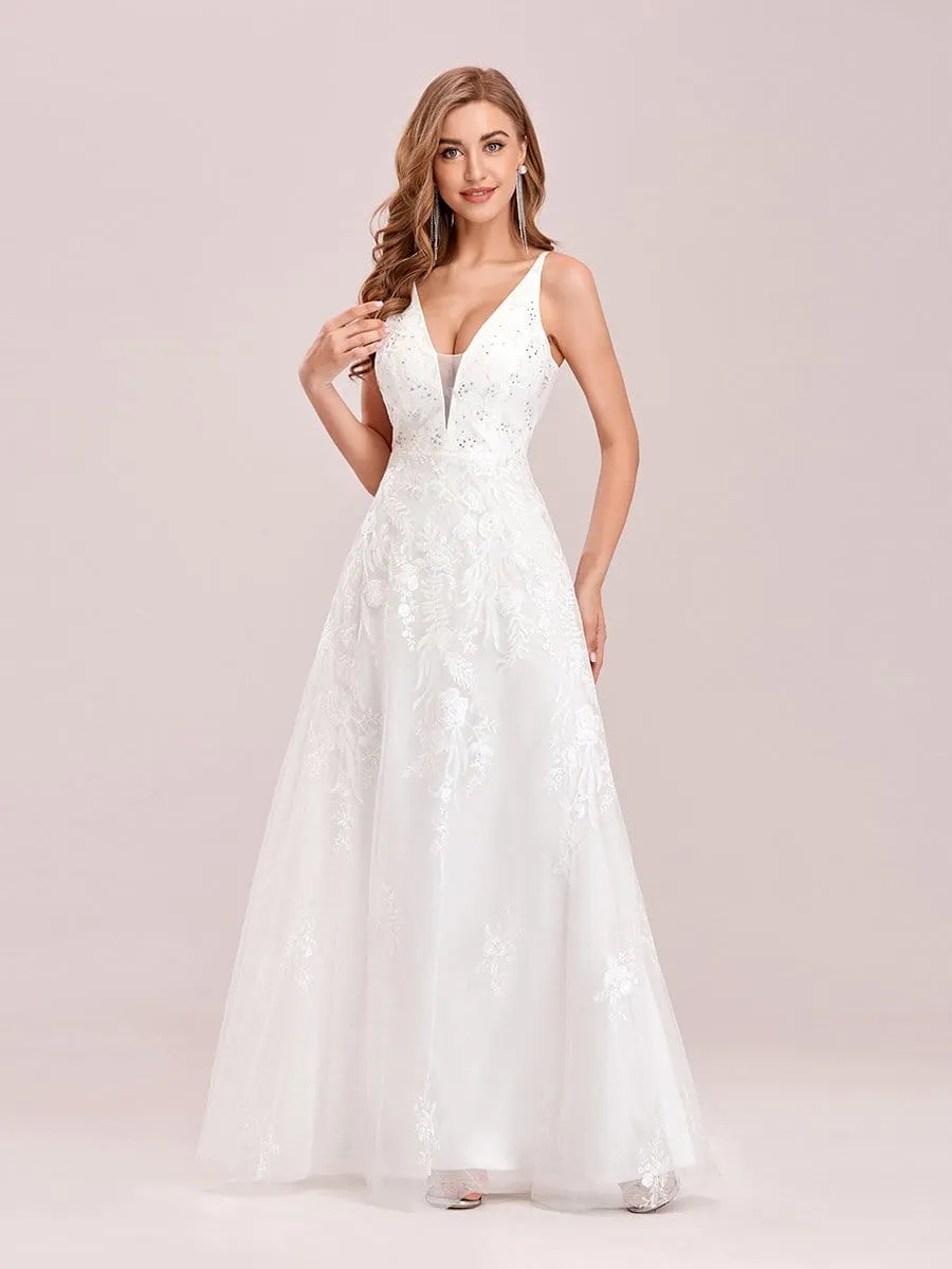 Floral Embroidered V Neck A-Line Tulle Wedding & Bridesmaid Dresses