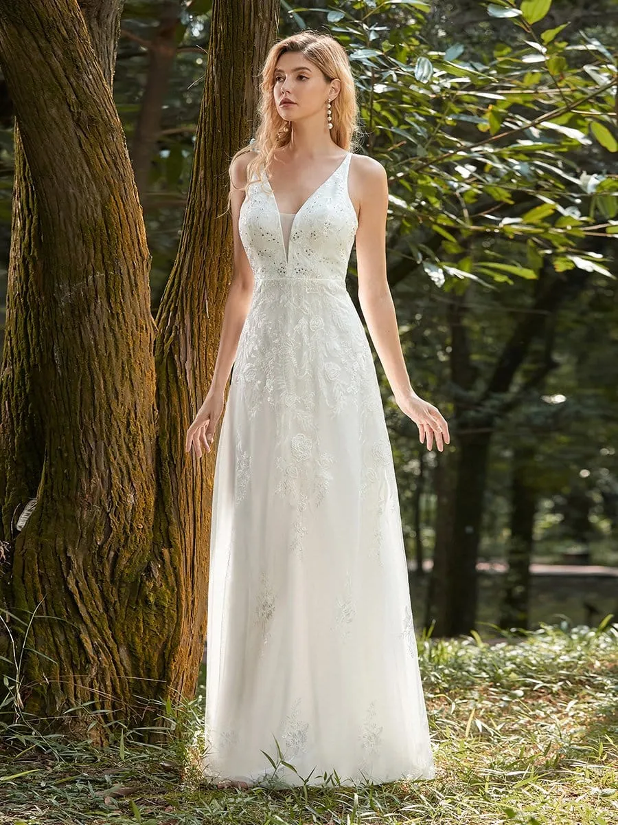 Floral Embroidered V Neck A-Line Tulle Wedding & Bridesmaid Dresses